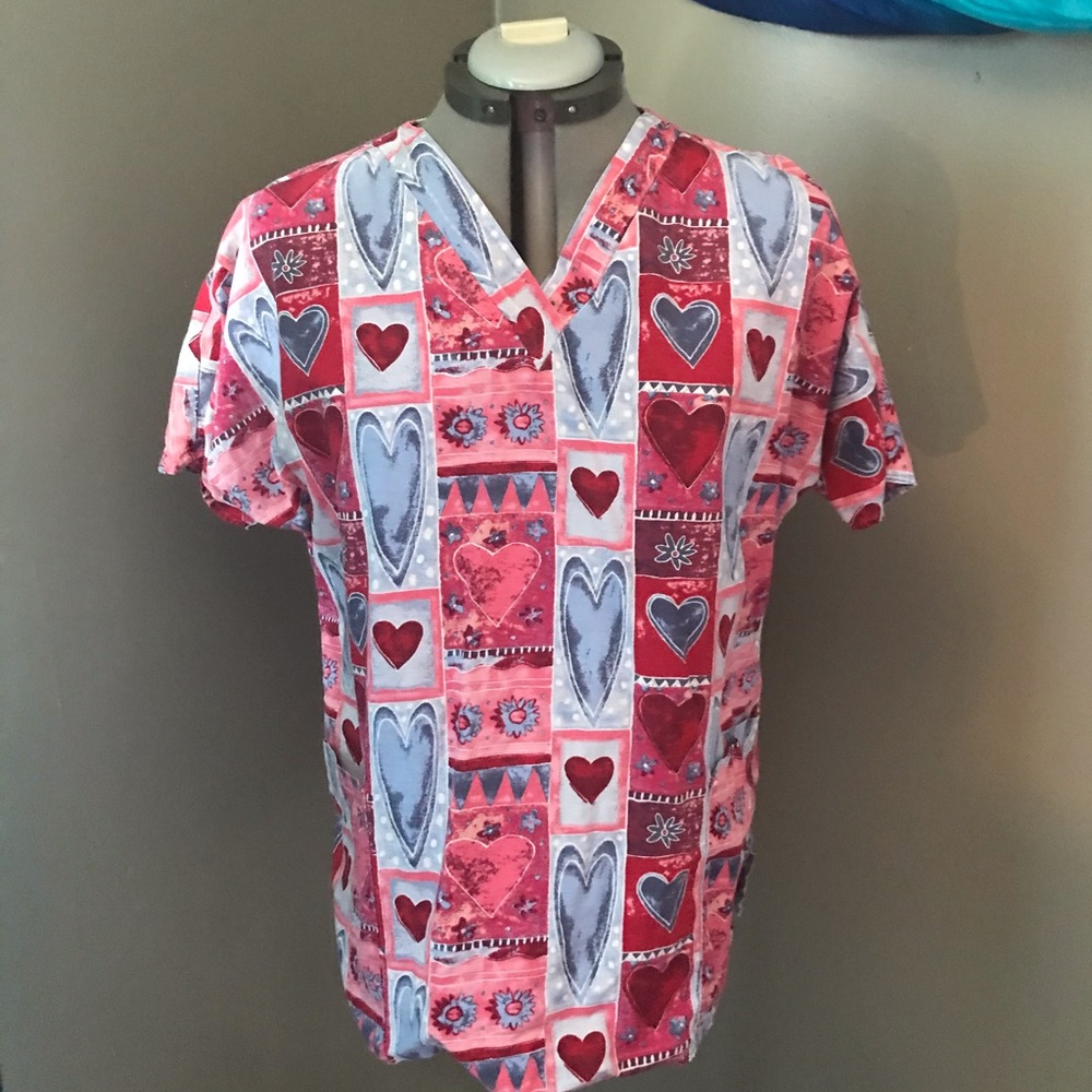 Gently worn size large White Cross scrub top. Valentines Day.